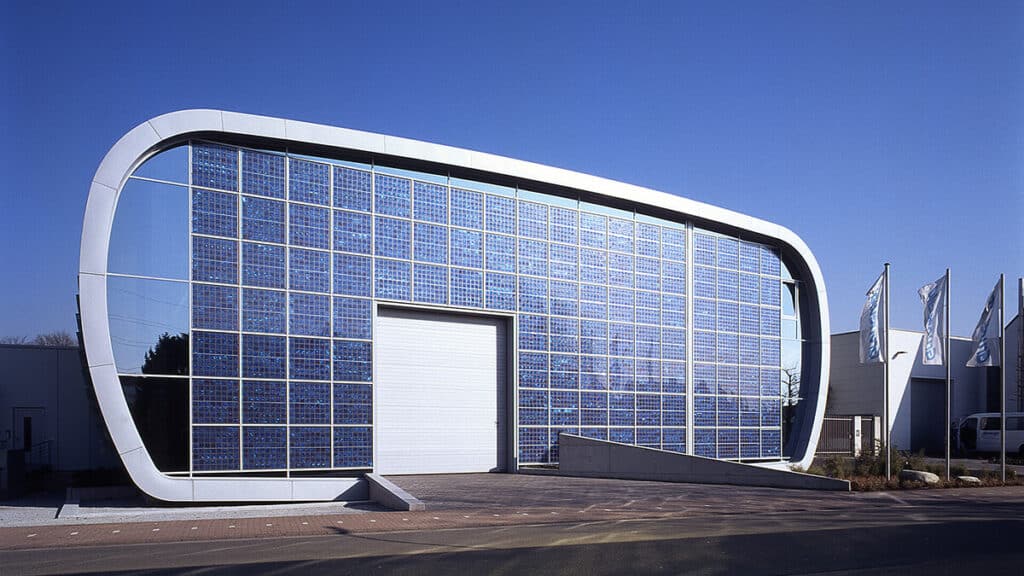 Vorderansicht der Produktionshalle der Grunewald GmbH & Co. KG in Bocholt